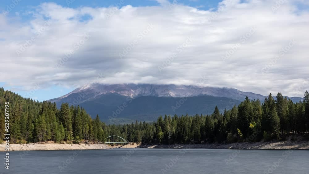 Time lapse looking out over Lake Siskiyou to the clouds surrounding the volcano Mount Shasta in Northern California. Time lapse looking out over Lake Siskiyou to the clouds surrounding the volcano Mount Shasta in Northern California.