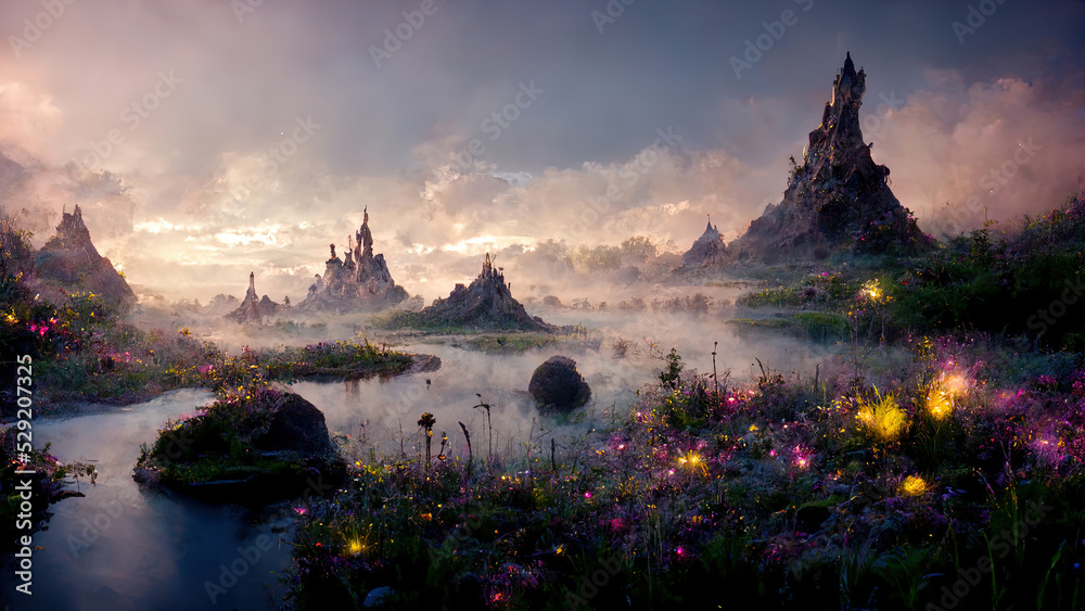 fantasy landscape with water spills and mountains in dark colors