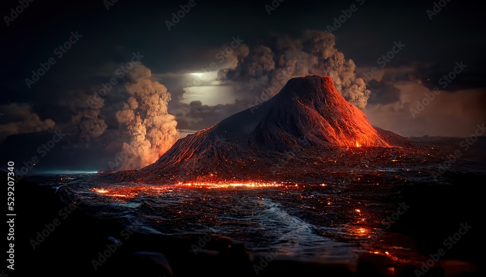 Raster illustration of beautiful night volcanic eruption across the sea. Mountain, rock. magma, plasma, fire, eruption, natural disaster. The power and beauty of nature concept. 3d rendering artwork - obrazy, fototapety, plakaty 