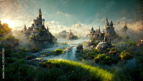 landscape of a valley with a river and castles on the mountains in fantasy style