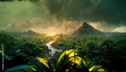 Raster illustration of a river that flows through rocky highlands. Mountain, beautiful jungle during sunrise, nature, mountain ranges, wild wilderness, grass, bushes. Beauty of nature. 3d render photo