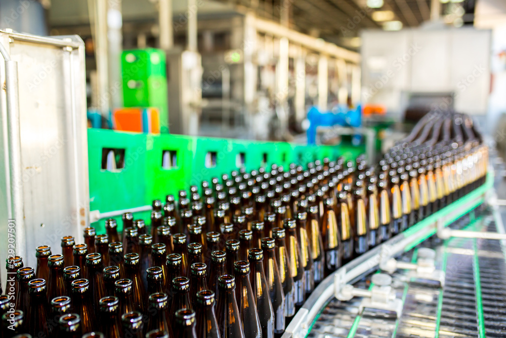 Fototapeta premium Brewery factory spilling beer into glass bottles on conveyor lines. Industrial work, automated production of food and drinks. Glass products. Bottles for drinks. Technological work at the factory.