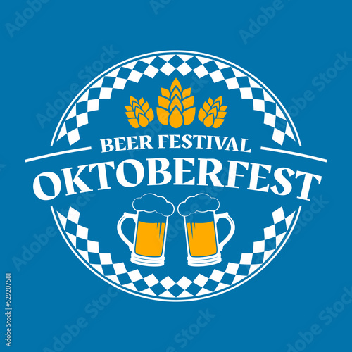 Oktoberfest logo, label or icon. Beer fest round badge with mugs and malt. German, Bavarian October festival design element. Vector illustration.