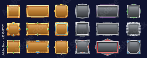 Game menu buttons. Cartoon metal user interface frames, 2D sprite graphic design for web mobile app RPG game asset. Vector isolated collection