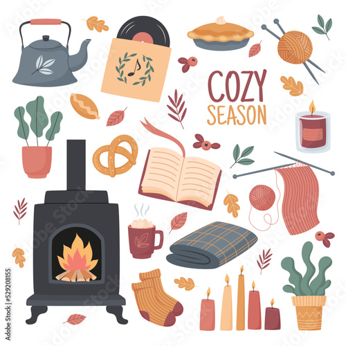 Cute vector illustration of cozy autumn hygge elements isolated on white background.