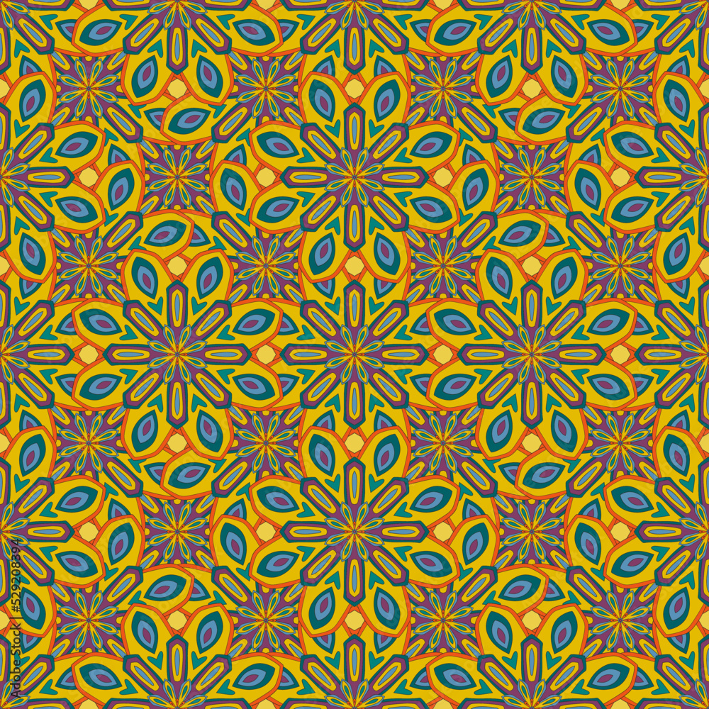 Abstract seamless pattern with mandala flower. Mosaic, tile. Floral background. Abstract seamless pattern with mandala flower. Mosaic, tile. Floral background.