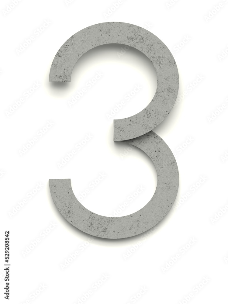 Number 3 made of several separate cement pieces lying on top of each other with 3D effect and shadows on white background, 3d rendering Number 3 made of several separate cement pieces lying on top of each other with 3D effect and shadows on white background, 3d rendering