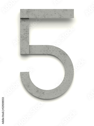 Number 5 made of several separate cement pieces lying on top of each other with 3D effect and shadows on white background, 3d rendering