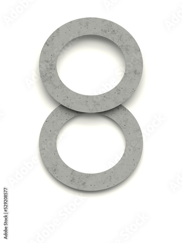 Number 8 made of several separate cement pieces lying on top of each other with 3D effect and shadows on white background, 3d rendering