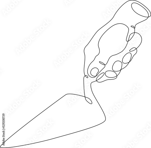 One continuous line.Hand of the builder with a trowel. Trowel in the hand of a bricklayer. Spatula in hand.Construction and repair.One continuous line is drawn on a white background.