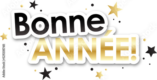 BONNE ANNEE! bannière typographique vecteur en or et noir avec des étoiles photo