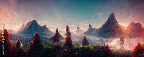 Stampa su tela Magic fairy tale landscape of mountains in lilac fog