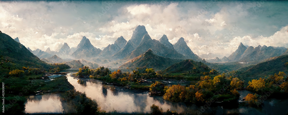 fairy tale valley in fantasy style with a wide river and mountains - obrazy, fototapety, plakaty 