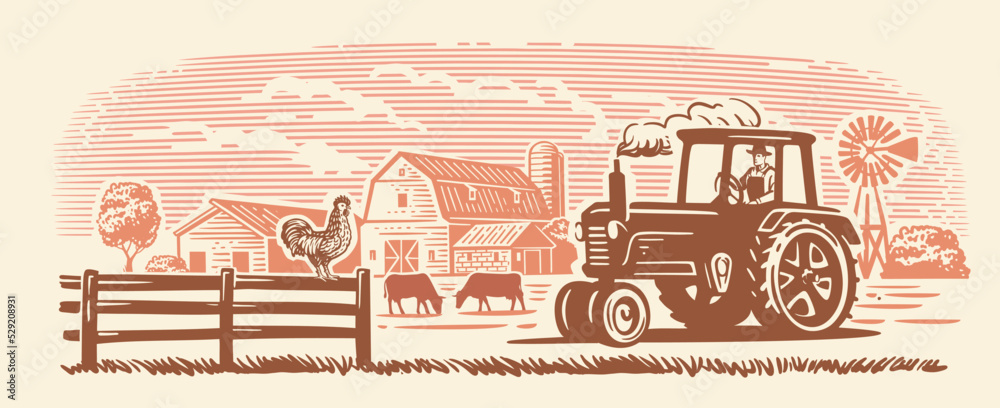 Country farm with tractor and rooster. Countryside line sketch - obrazy, fototapety, plakaty 