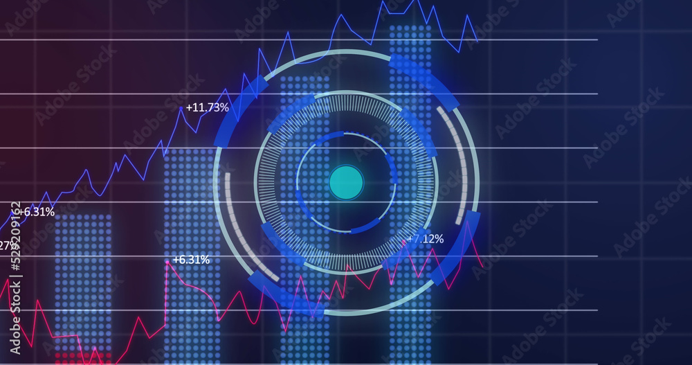 Financial data processing over grid networking against neon round scanner on blue background