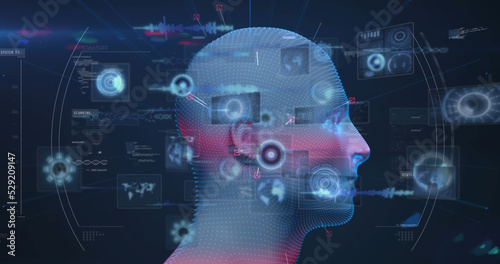 Image of spinning model of human head and data processing on interface