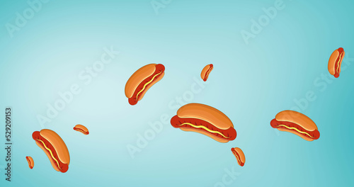 Image of multiple hot dogs floating on blue background