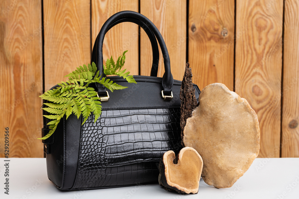 Concept of Mushroom leather - woman handbag and brown tree mushrooms.  Sustainable textile made from mushrooms mycelium, zero waste lifestyle, eco  vegan skin, bio based alternative to leather Stock Photo
