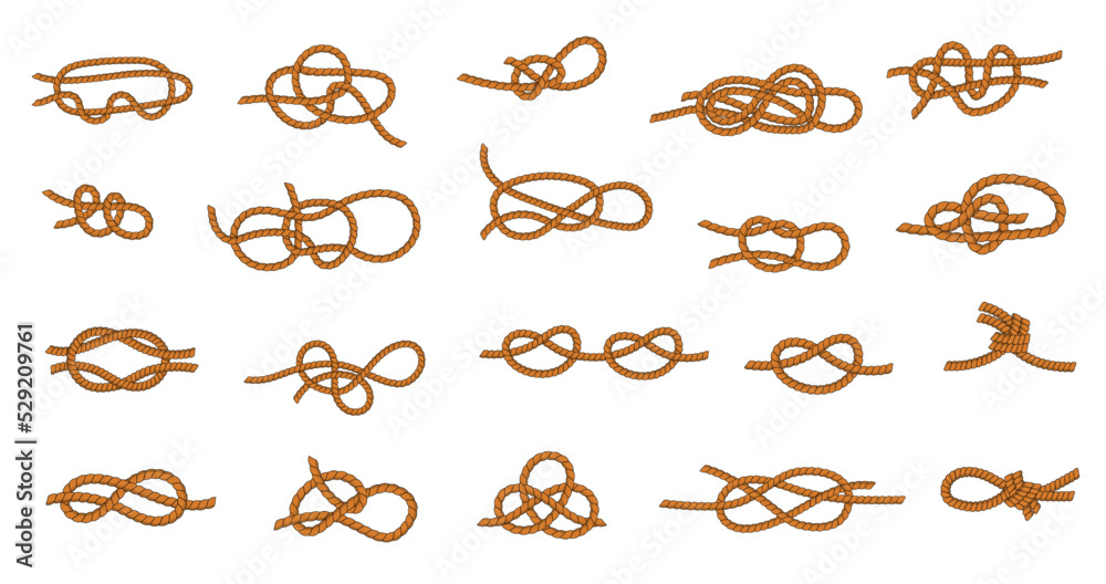 Rope knot. Marine and nautical ties and threads for boating and sailing,  different types of tying knots graphic collection. Vector knotted rope set  Stock Vector