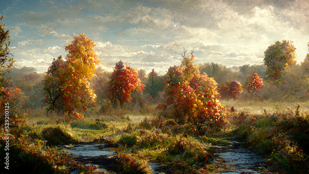 illustration on the theme of the autumn forest landscape with a river in the foreground