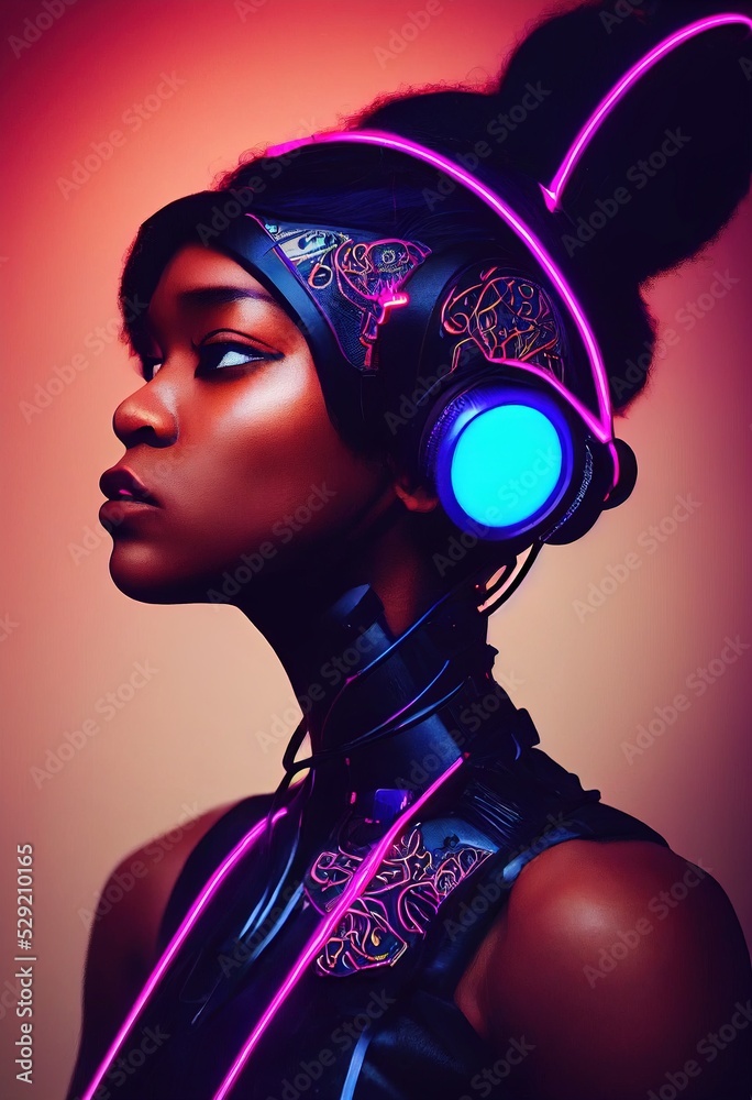 A realistic portrait of a ebony girl wearing a cyberpunk headset and ...
