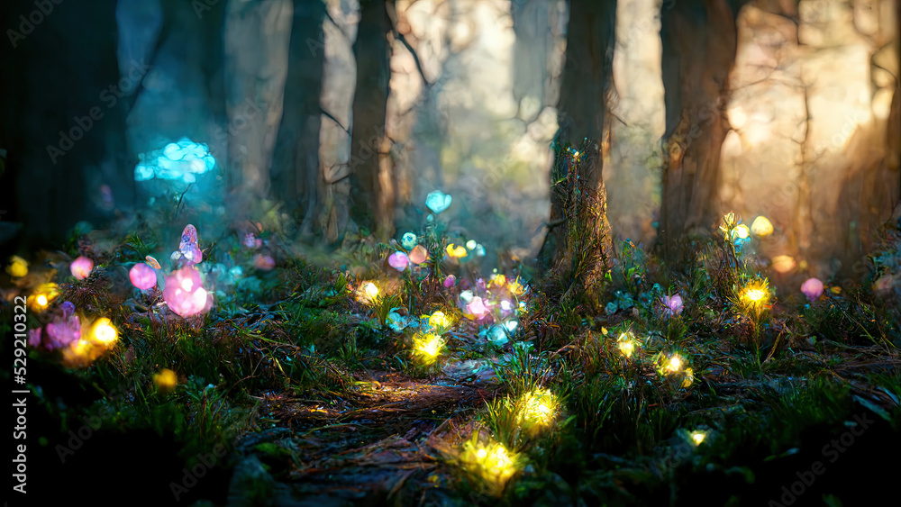 Magical forest with glowing colorful lights - obrazy, fototapety, plakaty 