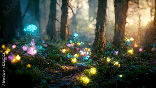 Foto Magical forest with glowing colorful lights