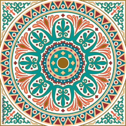 Vector colored green square classical ornament of Ancient Greece and Roman Empire. Tile, Arabesque, Byzantine pattern..