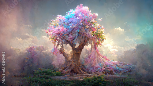 fantastic landscape with a fantasy tree of desires in pink-blue colors © Ivan Traimak