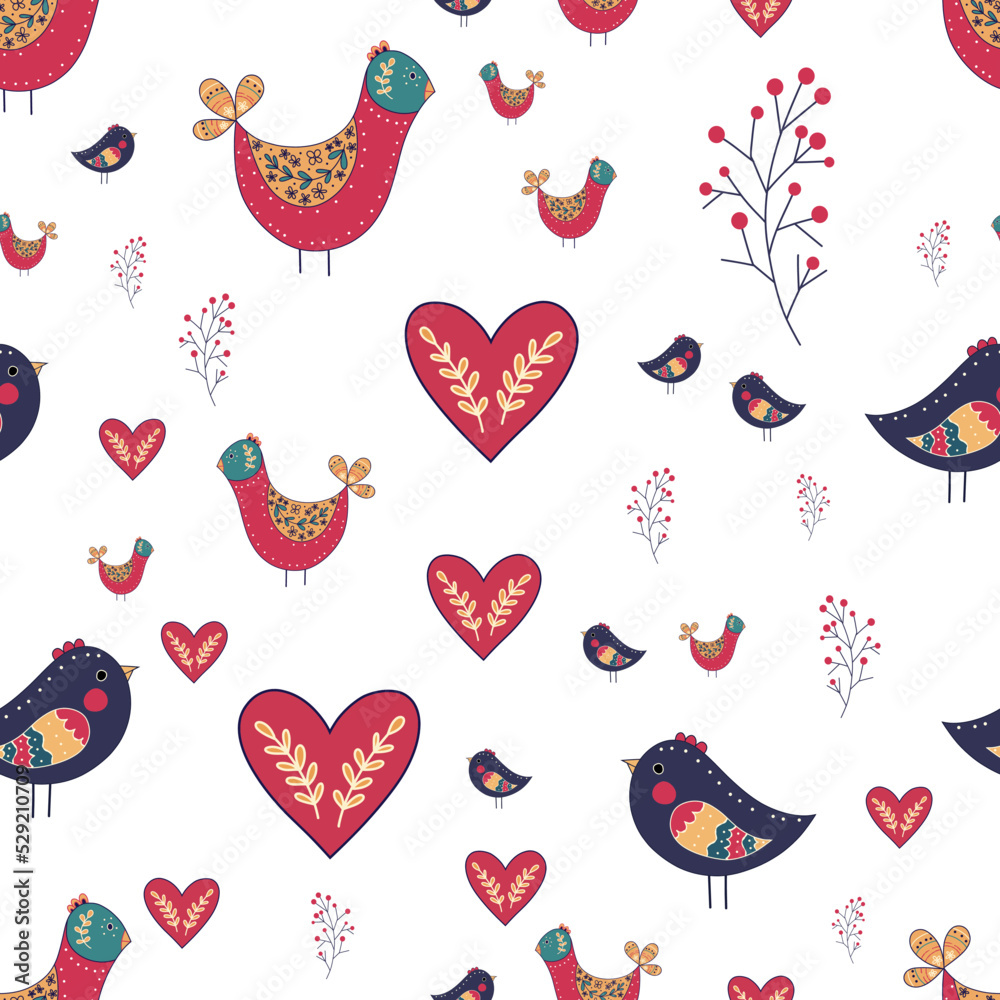 Vector seamless pattern in folk style with birds. Folklore vector graphics with colorful birds and flowers