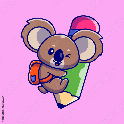 Canvas Print Cute Koala Wear Backpack And Hug Pencil Cartoon Vector 
Icon Illustration