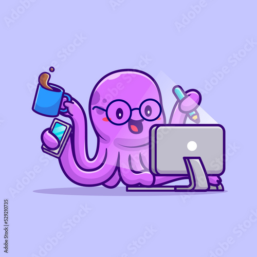 Cute Octopus Multitasking Cartoon Vector Icon Illustration. 
Animal Technology Icon Concept Isolated Premium Vector. 
Flat Cartoon Style