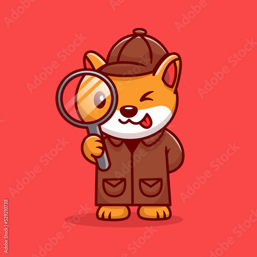 Cute Dog Detective With Magnifying Glass Cartoon Vector 
Icon Illustration. Animal Profession Icon Concept Isolated 
Premium Vector. Flat Cartoon Style