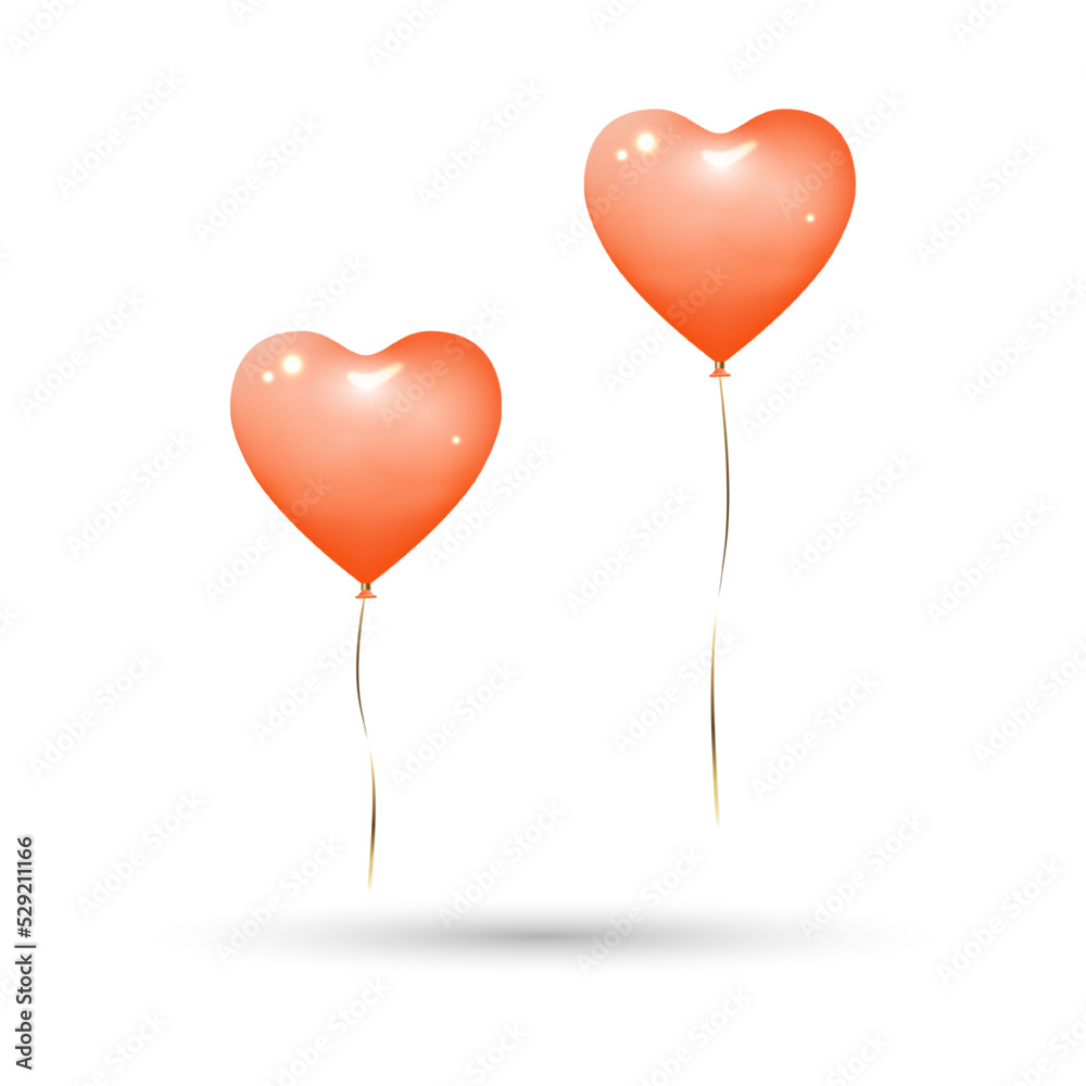 Heart balloons in pastel orange solid colour with gold ribbons. Isolated on white background with shadow, mockup template object. Realistic 3D vector illustration.