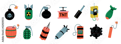 Bomb collection. Cartoon TNT explosive weapon, bombs dynamite grenade missile mine and nuclear bomb doodle game asset. Vector doodle weapon set