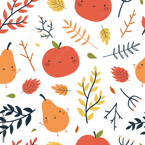 seamless vector colorful autumn pattern with leaves, apples, pears