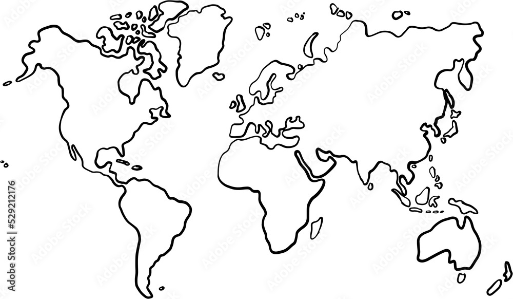 Freehand world map sketch on transparent background.	
