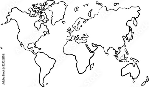 Freehand world map sketch on transparent background. 