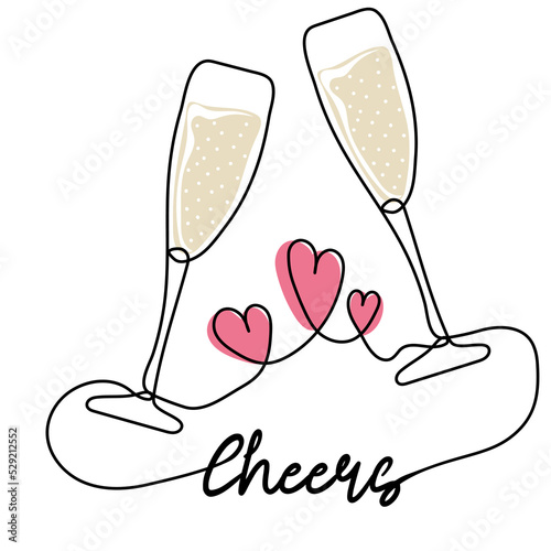Cheers. Continuous line drawing of two glasses with champagne. Lettering phrase. Vector illustration