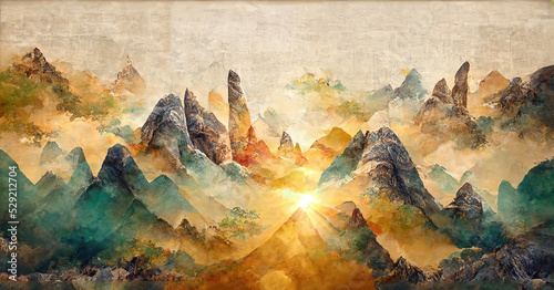 Landscape with mountains in a minimalist style. Luxurious mountainous terrain in oriental style. Wallpaper design, prints and invitations, postcards. Dawn over the mountains 3D illustration