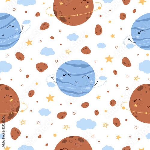 Seamless vector illustration pattern with space doodles of planets and asteroids