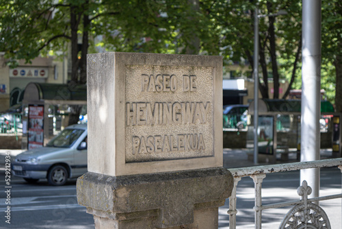 Streetsign of Ernest Hemingway walkway in Pamplona, Spain