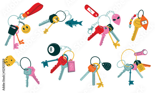 Doodle keychains. Vintage and modern keys with different heads keyrings and keyholders, simple real estate logo elements and house security symbols. Vector set