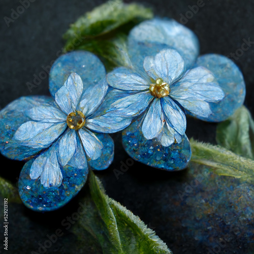 Bunch of small blue forget me not flowers with leaves.