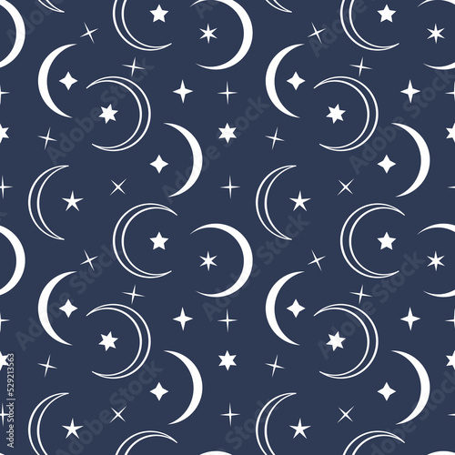 Monochrome seamless pattern with white moon and stars on blue background