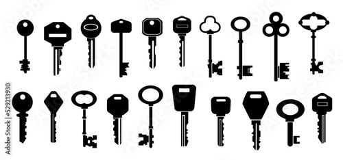 Keys silhouettes. Black shapes of modern and vintage key collection with different heads sizes and forms. Vector real estate logo and security icons set