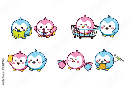 Set of cute kawaii couple blue and pink little penguin for social media sticker emoji traveling shopping selfie no money emoticon