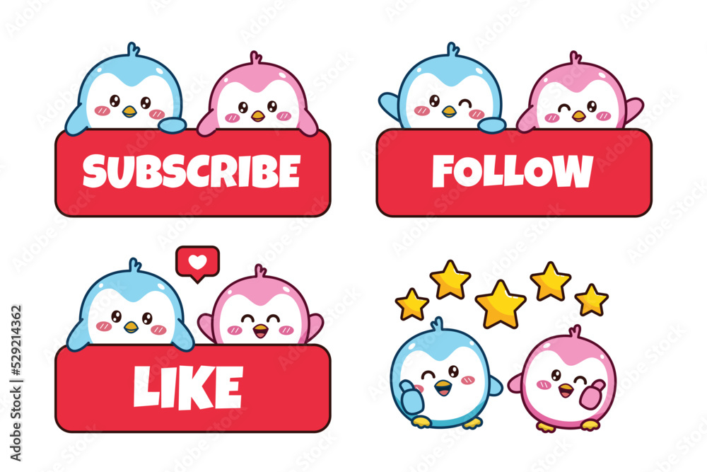 Set of cute kawaii couple blue and pink little penguin for social media ...