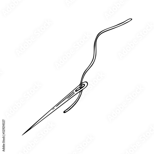 Sewing needle thread line art. Tailor tool. Hand embroidery. Hand drawn vector illustration.