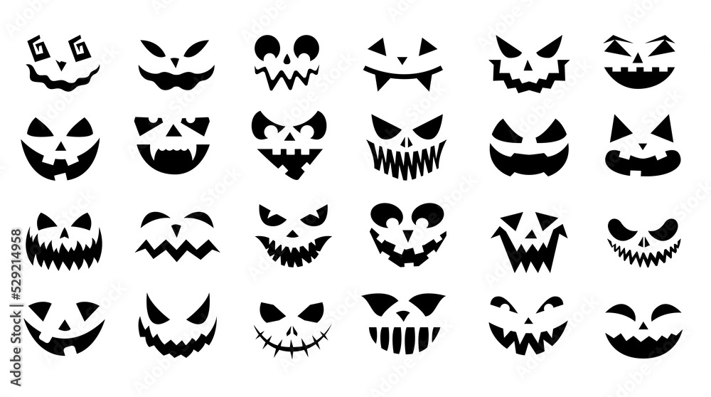 Halloween faces. Creepy doodle smiling face expressions with angry eyes for horror posters, evil ghosts and jack lantern faces. Vector isolated set Halloween faces. Creepy doodle smiling face expressions with angry eyes for horror posters, evil ghosts and jack lantern faces. Vector isolated set